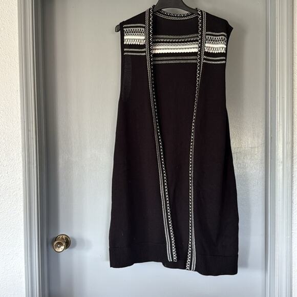 Black White Aztec Southwestern Women's Open Sweater Vest Duster 100% Cotton sz L - Picture 1 of 5